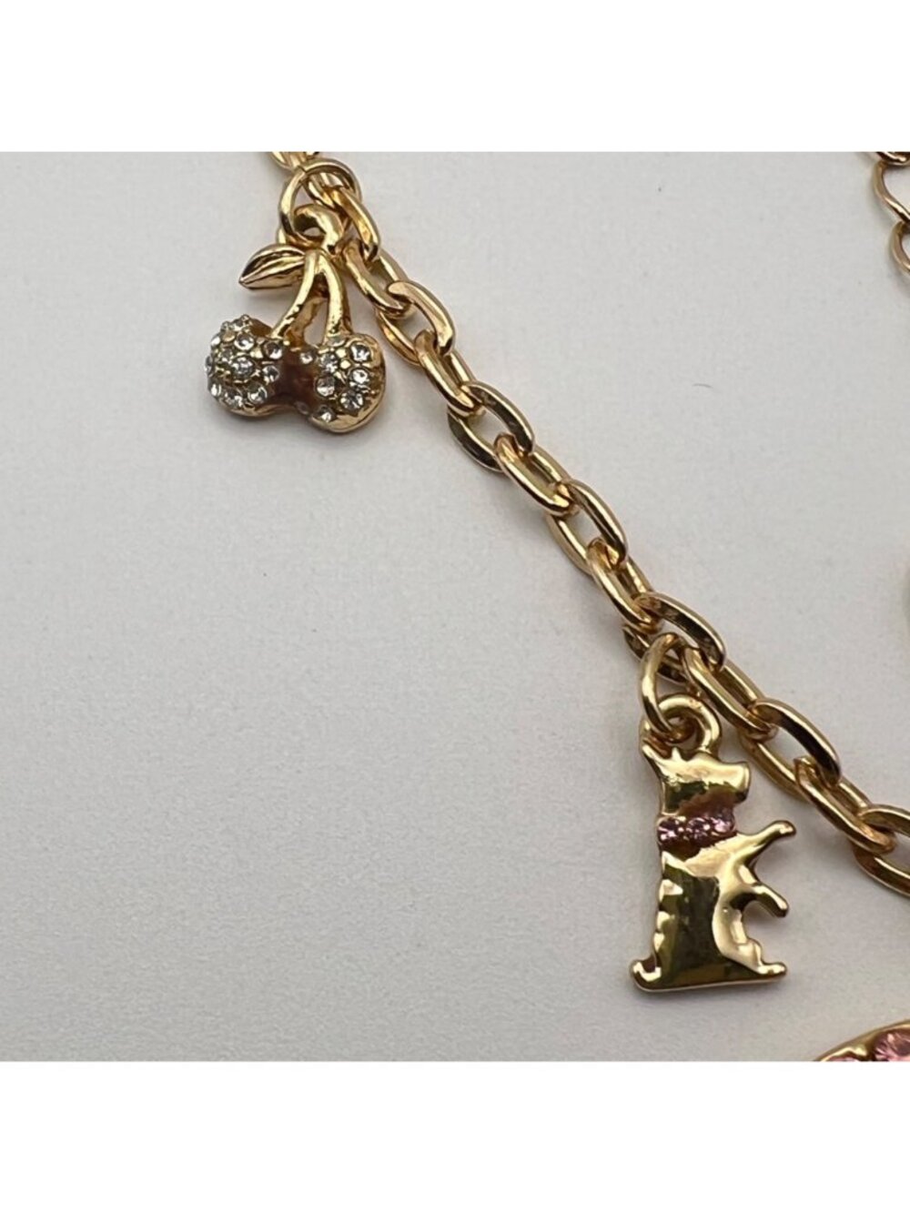 Juicy Couture Charm Necklace Gold-Tone Pink Rhinestone Scottie Cherry Bow Crown - Picture 6 of 10